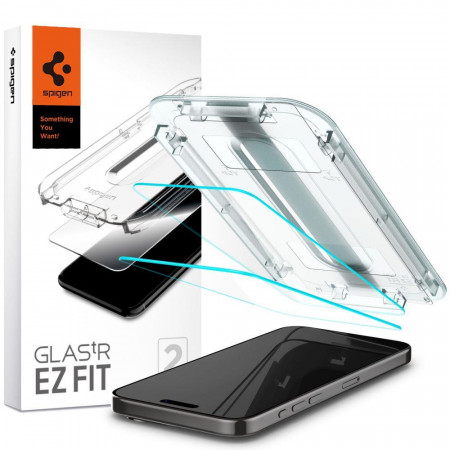 2 бр. плосък стъклен протектор SPIGEN TR Ez Fit с инструмент за поставяне - iPhone 15 Pro Max прозрачен