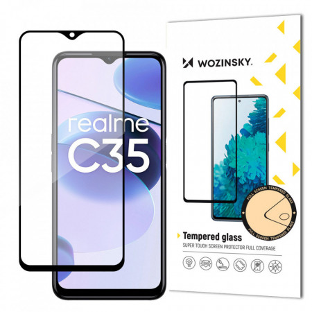 5D Full Glue закален стъклен протектор с пълно покритие WOZINSKY съвместим с гръб - Realme C35 с черна рамка