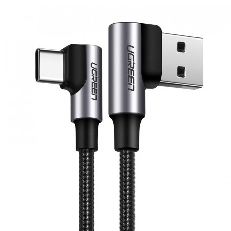 90° кабел за зареждане и данни с оплетка UGREEN USB Type A към USB Type C с бързо зареждане 3.0 3A 2m (US176 20857) сив