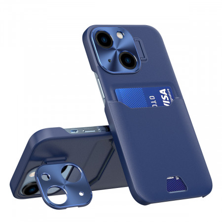 Гръб със стойка и джоб за карти Leather Stand - iPhone 14 син