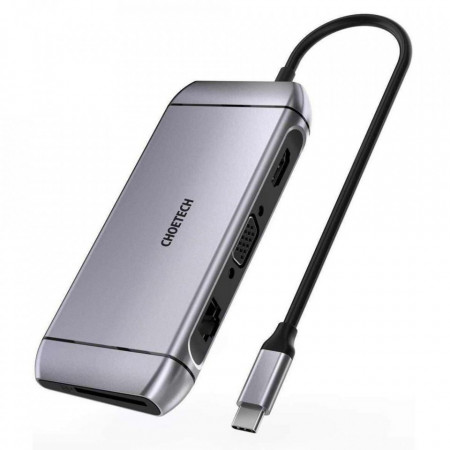 Докинг станция CHOETECH 9в1 USB Type C към 3x USB Type A 3.2 Gen.1 / четец за SD и Micro SD карти / HDMI 4K 30Hz / VGA Full HD 60Hz / USB Type C / RJ45 (HUB-M15) сива