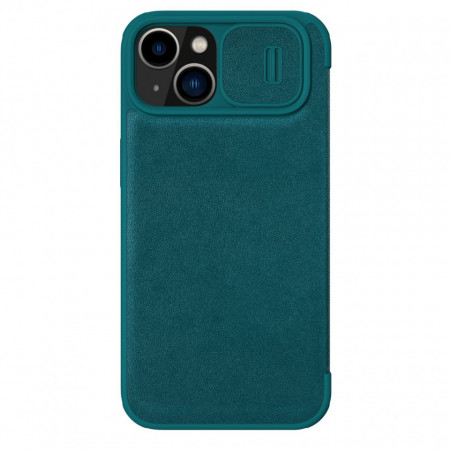 Калъф тип книга от еко кожа с подвижно покритие за камерата NILLKIN Qin Leather Pro - iPhone 14 Plus тъмнозелен