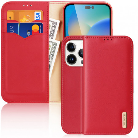 Калъф тип книга от естествена кожа DUX DUCIS Hivo със система против кражба - iPhone 14 Pro червен