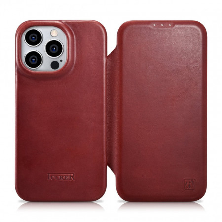 Калъф тип книга от естествена кожа iCARER CE Oil Wax Premium MagSafe - iPhone 14 Pro червен