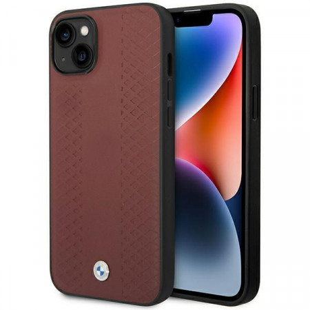 Оригинален гръб от еко кожа BMW Leather Diamond BMHCP14S22RFGR - iPhone 14 бургундско червен