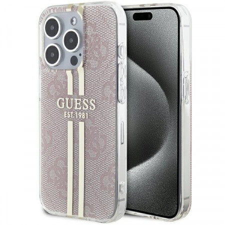 Оригинален гръб GUESS IML 4G Gold Stripe - iPhone 15 Pro розов