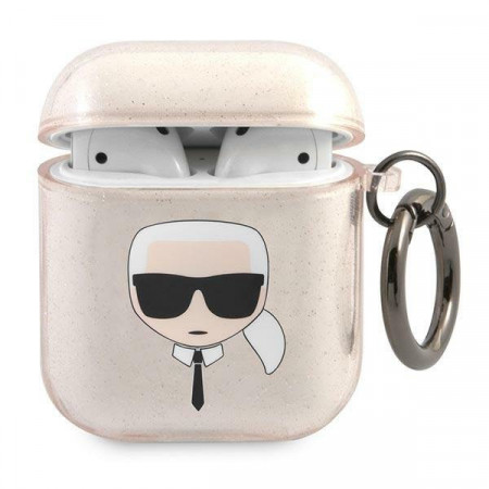 Оригинален калъф за слушалки Karl LAGERFELD Glitter Karl's Head KLA2UKHGD – AirPods1 / 2 златист