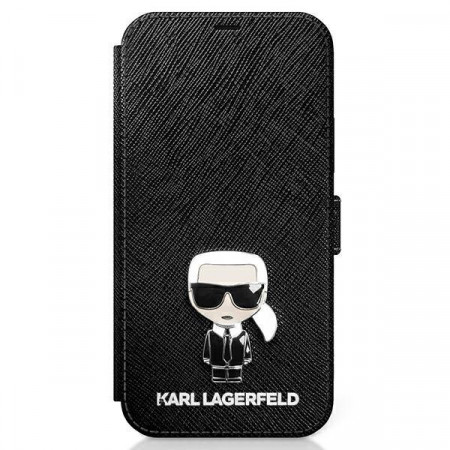 Оригинален калъф тип книга KARL LAGERFELD Saffiano Ikonik Metal KLFLBKP12SIKMSBK - iPhone 12 mini черен