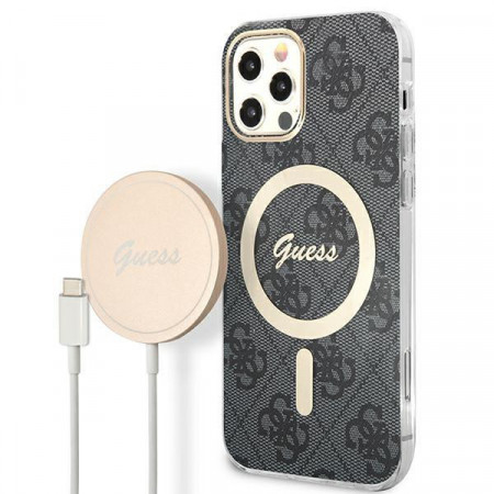 Оригинален комплект GUESS 4G Print (гръб + зарядно) MagSafe GUBPP12MH4EACSK - iPhone 12 / 12 Pro черен