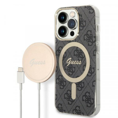 Оригинален комплект GUESS 4G Print (гръб + зарядно) MagSafe GUBPP14LH4EACSK - iPhone 14 Pro черен