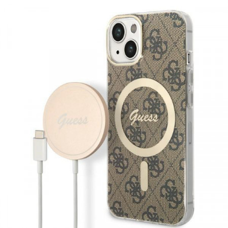 Оригинален комплект GUESS 4G Print (гръб + зарядно) MagSafe GUBPP14MH4EACSW - iPhone 14 Plus кафяв