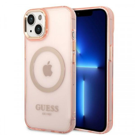 Оригинален полупрозрачен твърд гръб GUESS Gold Outline MagSafe GUHMP14SHTCMP - iPhone 14 розов
