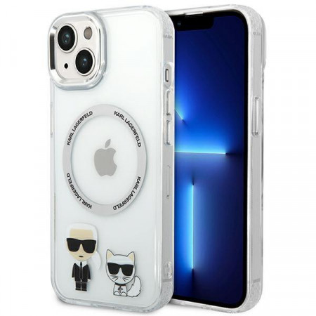Оригинален твърд гръб KARL LAGERFELD Karl & Choupette Aluminum KLHMP14MHKCT MagSafe - iPhone 14 Plus прозрачен