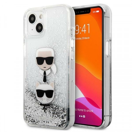 Оригинален твърд гръб KARL LAGERFELD Liquid Glitter Karl & Choupette Head KLHCP13SKICGLS - iPhone 13 mini сив