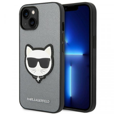 Оригинален твърд гръб KARL LAGERFELD Saffiano Choupette Head Patch KLHCP14MSAPCHG - iPhone 14 Plus сребрист