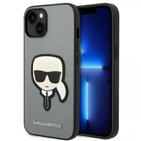 Оригинален твърд гръб KARL LAGERFELD Saffiano Karl's Head Patch KLHCP14SSAPKHG - iPhone 14 сребрист