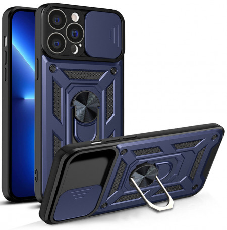 Подсилен гръб Hybrid Armor Camshield с подвижно покритие за камерата и стойка - iPhone 13 Pro Max син