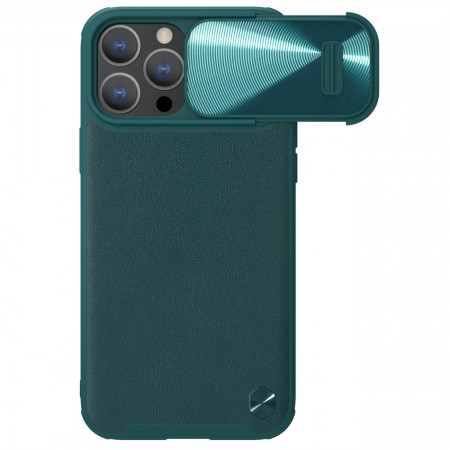 Гръб от естествена кожа с подвижно покритие за камерата NILLKIN CamShield Leather S - iPhone 14 Pro Max зелен