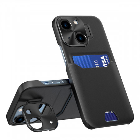 Гръб със стойка и джоб за карти Leather Stand - iPhone 14 черен
