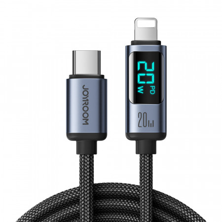 Кабел за зареждане и данни с дисплей и оплетка JOYROOM USB Type C към Lightning 20W 1.2m S-CL020A16 черен
