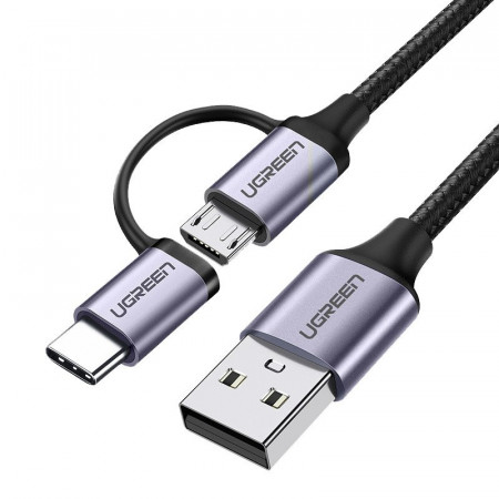 Кабел за зареждане и данни с оплетка UGREEN 2in1 USB Type A към USB Type C / micro USB 2.4A 1m (30875) черен