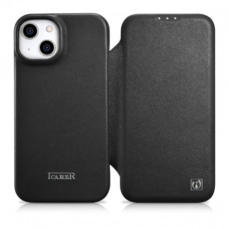 Калъф тип книга от естествена кожа iCARER CE Oil Wax Premium MagSafe - iPhone 14 Plus черен