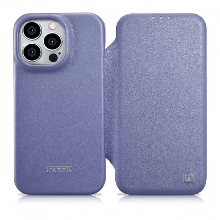 Калъф тип книга от естествена кожа iCARER CE Oil Wax Premium MagSafe - iPhone 14 Pro Max светлолилав