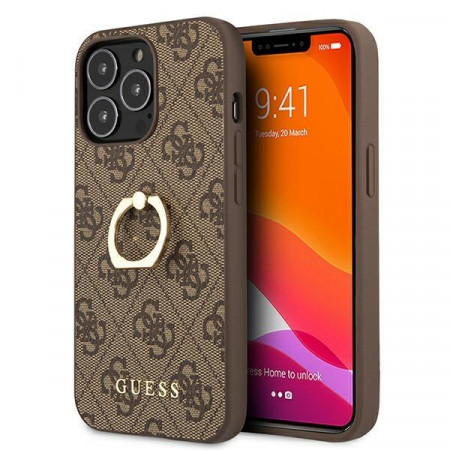 Оригинален гръб с ринг държач GUESS 4G GUHCP13L4GMRBR - iPhone 13 Pro кафяв