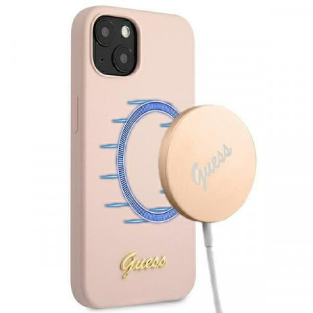 Оригинален гръб GUESS Silicone Script Gold Logo GUHMP13MLSLMGLP MagSafe - iPhone 13 светлорозов