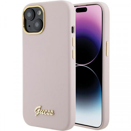 Оригинален гръб GUESS Silicone Script Metal Logo & Frame - iPhone 15 розов