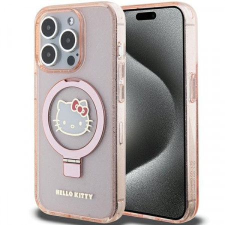 Оригинален гръб Hello Kitty Ring Stand Glitter Electrop Logo MagSafe - iPhone 15 Pro розов