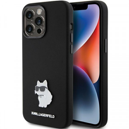 Оригинален гръб KARL LAGERFELD Silicone Choupette Metal Pin - iPhone 15 Pro черен