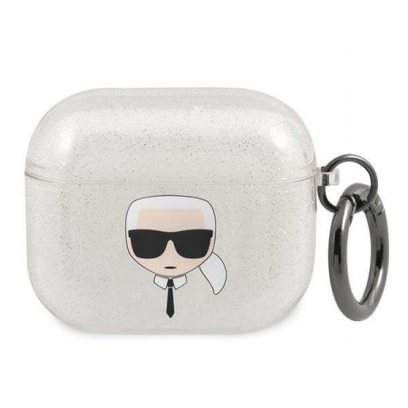 Оригинален калъф за слушалки Karl LAGERFELD Glitter Karl's Head KLA3UKHGS - AirPods 3 сив