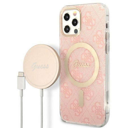 Оригинален комплект GUESS 4G Print (гръб + зарядно) MagSafe GUBPP12MH4EACSP - iPhone 12 / 12 Pro розов
