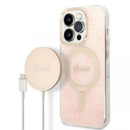 Оригинален комплект GUESS 4G Print (гръб + зарядно) MagSafe GUBPP14LH4EACSP - iPhone 14 Pro розов