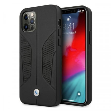 Оригинален твърд гръб от естествена кожа BMW Leather Perforate Sides BMHCP12MRSCSK - iPhone 12 / 12 Pro черен