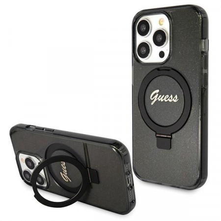 Оригинален твърд гръб GUESS Ring Stand Script Glitter MagSafe - iPhone 14 Pro черен