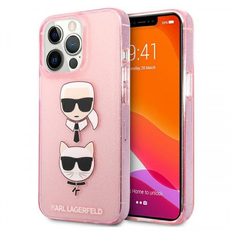 Оригинален твърд гръб KARL LAGERFELD Glitter Karl's & Choupette KLHCP13LKCTUGLP - iPhone 13 Pro розов