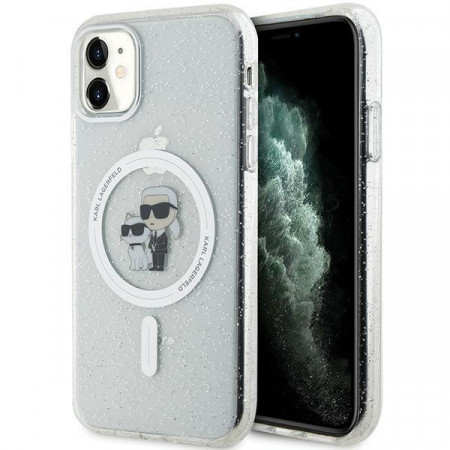 Оригинален твърд гръб KARL LAGERFELD Karl & Choupette Glitter MagSafe KLHMN61HGKCNOT - iPhone 11 прозрачен
