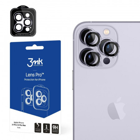 Стъклен протектор за камера с алуминиева рамка и рамка за поставяне 9H 3mk Lens Protection Pro - iPhone 14 Pro Max / 14 Pro лилав