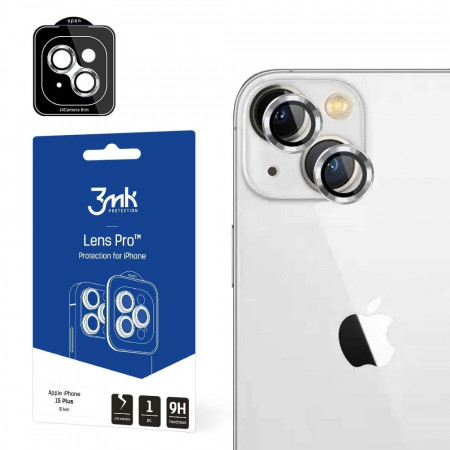 Стъклен протектор за камера с алуминиева рамка и рамка за поставяне 3mk Lens Protection Pro - iPhone 15 Plus със сребриста рамка