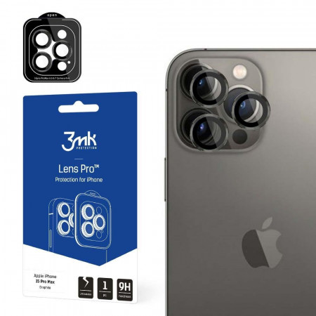 Стъклен протектор за камера с алуминиева рамка и рамка за поставяне 3mk Lens Protection Pro - iPhone 15 Pro Max графит