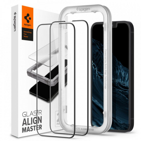 2 бр. закален стъклен протектор SPIGEN Align Master FC с инструмент за поставяне - iPhone 13 / 13 Pro / 14 с черна рамка
