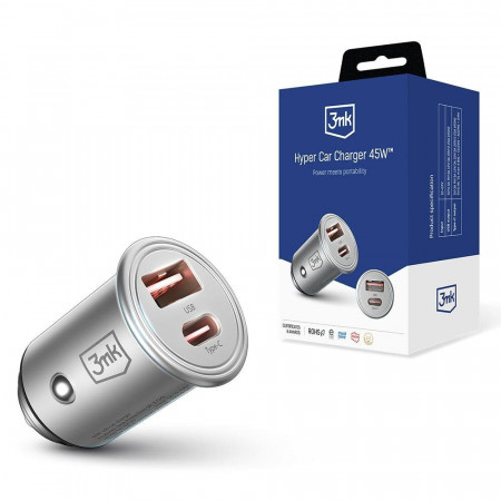 Зарядно за кола 3MK 45W USB Type A / USB Type C сребристо
