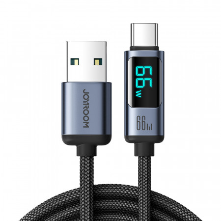 Кабел за зареждане и данни с дисплей и оплетка JOYROOM USB Type A към USB Type C 66W 1.2m S-AC066A16 черен