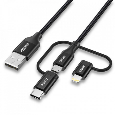 Кабел за зареждане и данни с оплетка CHOETECH 3in1с никелирани конектори MFi USB Type A към Lightning / USB Type C / micro USB черен