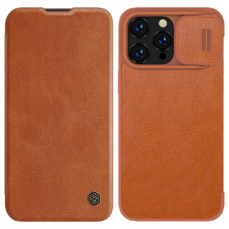 Калъф тип книга от еко кожа с подвижно покритие за камерата NILLKIN Qin Leather Pro - iPhone 14 Pro Max кафяв