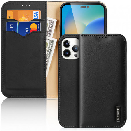 Калъф тип книга от естествена кожа DUX DUCIS Hivo със система против кражба - iPhone 14 Pro Max черен