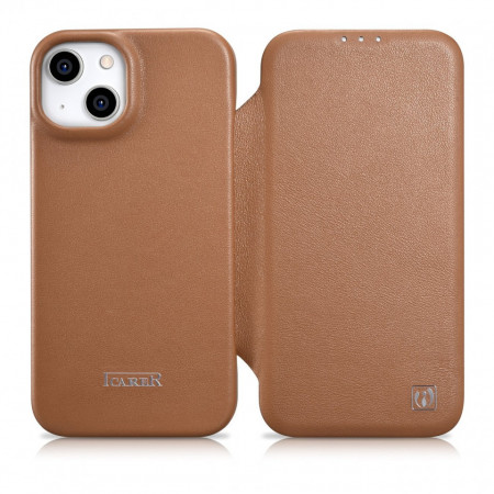 Калъф тип книга от естествена кожа iCARER CE Oil Wax Premium MagSafe - iPhone 14 Plus кафяв