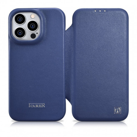 Калъф тип книга от естествена кожа iCARER CE Oil Wax Premium MagSafe - iPhone 14 Pro Max син